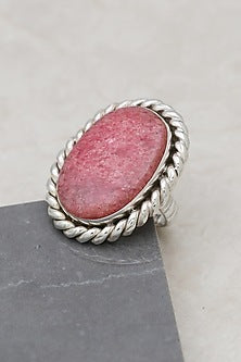 White Finish Rhodochrosite Rope Ring In Sterling Silver