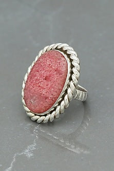 White Finish Rhodochrosite Rope Ring In Sterling Silver