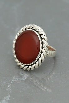 White Finish Red Onyx Rope Ring In Sterling Silver
