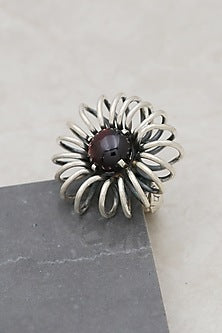 White Finish Garnet Sunflower Ring In Sterling Silver