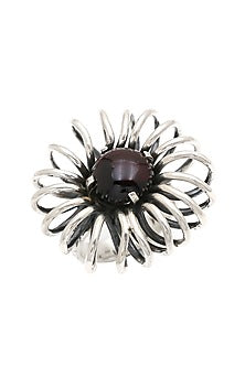 White Finish Garnet Sunflower Ring In Sterling Silver