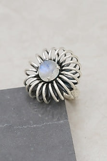 White Finish Moonstone Sunflower Ring In Sterling Silver