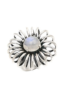 White Finish Moonstone Sunflower Ring In Sterling Silver