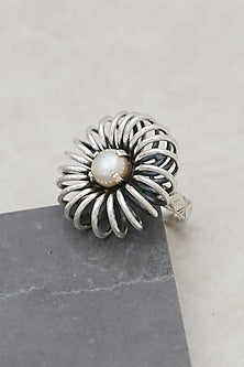 White Finish Pearl Sunflower Ring In Sterling Silver