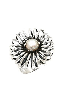 White Finish Pearl Sunflower Ring In Sterling Silver