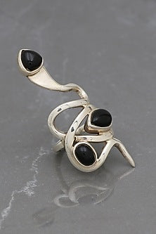 White Finish Black Onyx Snake Ring In Sterling Silver