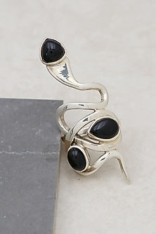 White Finish Black Onyx Snake Ring In Sterling Silver