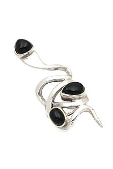 White Finish Black Onyx Snake Ring In Sterling Silver