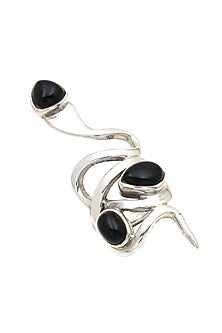 White Finish Black Onyx Snake Ring In Sterling Silver