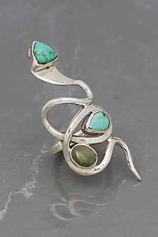 White Finish Turquoise Stone Snake Ring In Sterling Silver