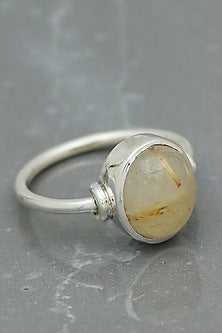 White Finish Gold Rutilated Quartz Ring In Sterling Silver