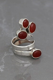 White Finish Red Onyx Sweet Cobra Ring In Sterling Silver