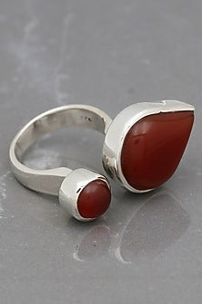 White Finish Red Onyx Teardrop Ring In Sterling Silver