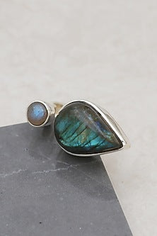 White Finish Labradorite Teardrop Ring In Sterling Silver