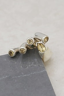 White Finish Yellow Citrine Gemstone Ring In Sterling Silver