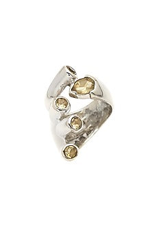 White Finish Yellow Citrine Gemstone Ring In Sterling Silver