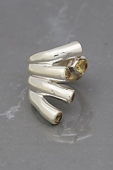 White Finish Yellow Citrine Gemstone Ring In Sterling Silver