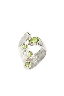 White Finish Green Peridot Gemstone Ring In Sterling Silver