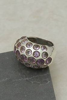 White Finish Amethyst Gemstone Dome Ring In Sterling Silver