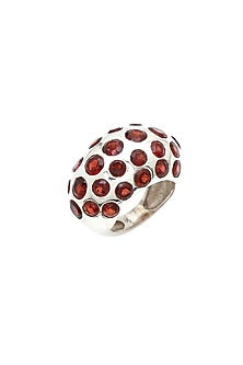 White Finish Garnet Dome Ring In Sterling Silver