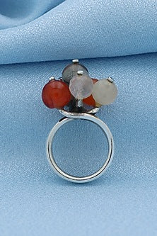 White Finish Multi-Colored Quartz Triple Puai Ring In Sterling Silver