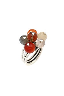 White Finish Multi-Colored Quartz Triple Puai Ring In Sterling Silver
