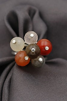 White Finish Multi-Colored Quartz Triple Puai Ring In Sterling Silver