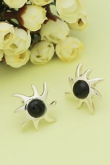 White Finish Black Onyx Sun Stud Earrings In Sterling Silver