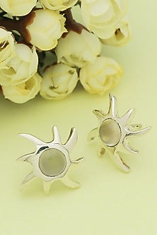 White Finish Rose Quartz Sun Stud Earrings In Sterling Silver