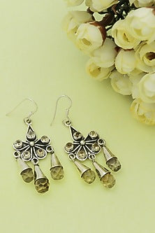 White Finish Citrine Gemstone Dangler Earrings In Sterling Silver