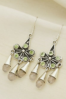 White Finish Peridot Gemstone Dangler Earrings In Sterling Silver