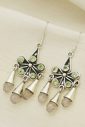 White Finish Peridot Gemstone Dangler Earrings In Sterling Silver
