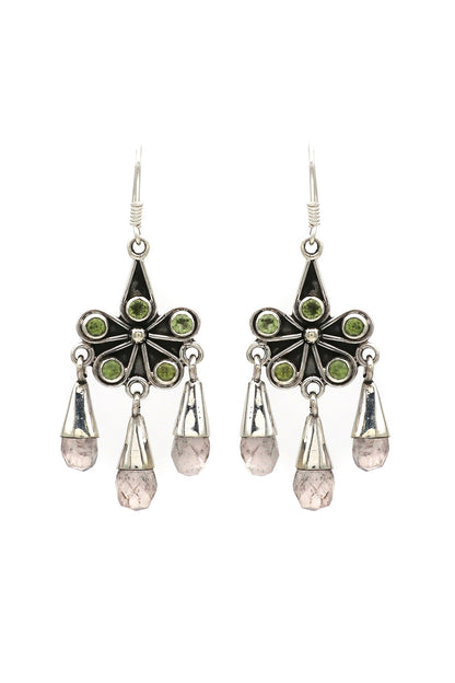 White Finish Peridot Gemstone Dangler Earrings In Sterling Silver