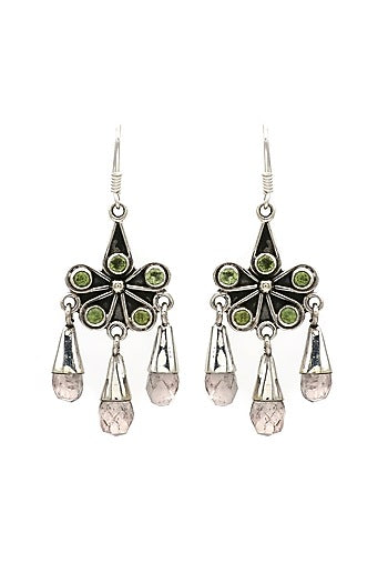 White Finish Peridot Gemstone Dangler Earrings In Sterling Silver