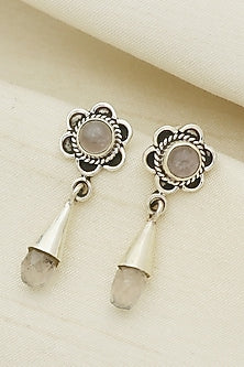 White Finish Rose Quartz Floral Dangler Earrings In Sterling Silver