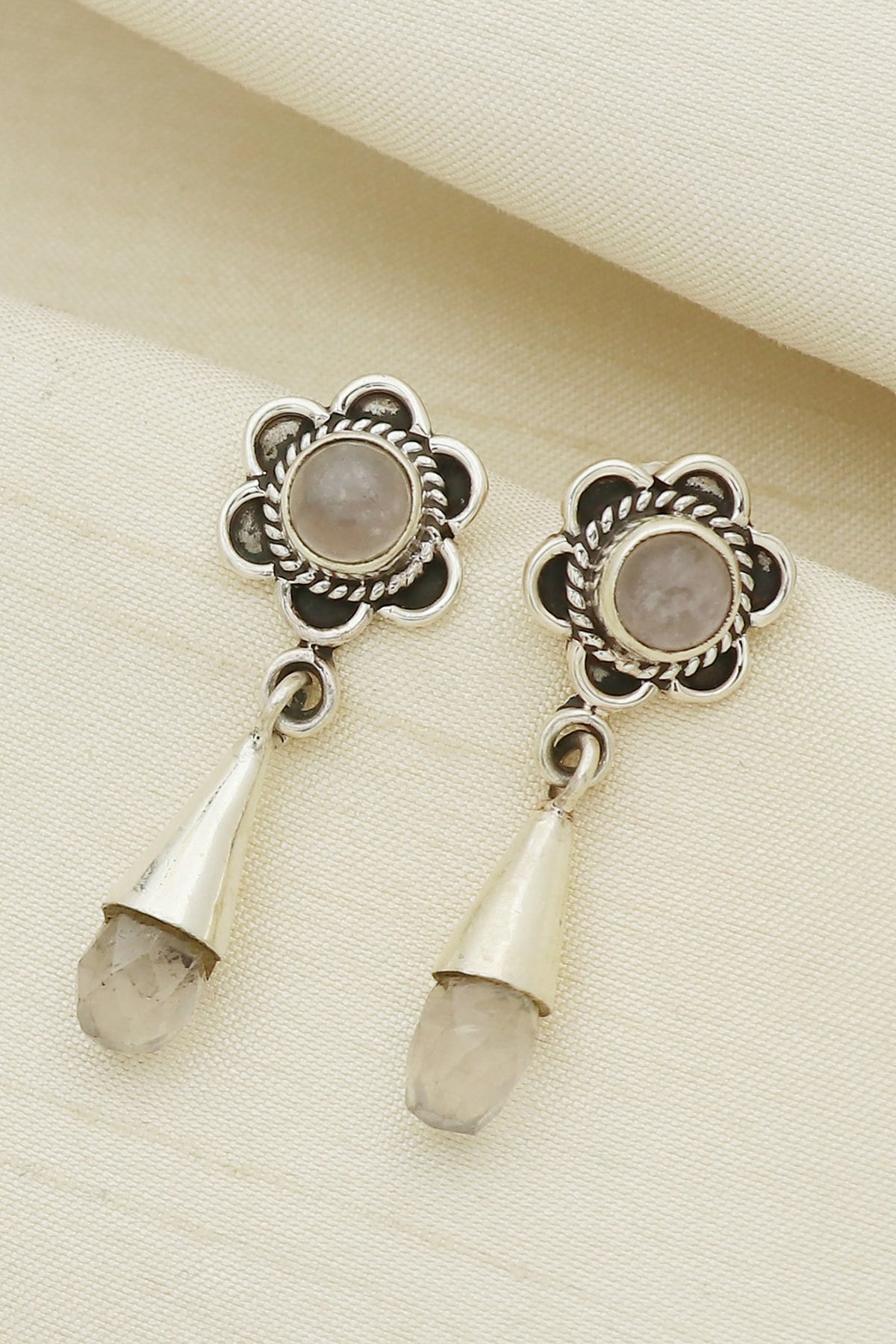 White Finish Rose Quartz Floral Dangler Earrings In Sterling Silver