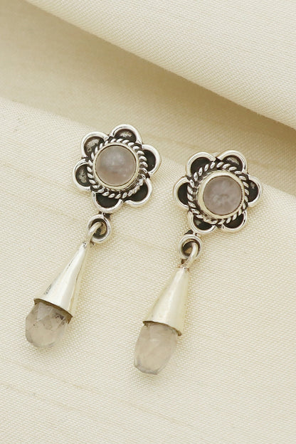 White Finish Rose Quartz Floral Dangler Earrings In Sterling Silver