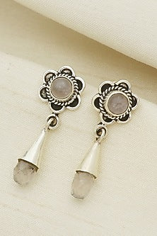 White Finish Rose Quartz Floral Dangler Earrings In Sterling Silver
