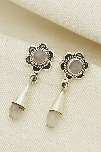 White Finish Rose Quartz Floral Dangler Earrings In Sterling Silver
