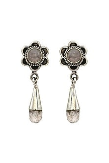 White Finish Rose Quartz Floral Dangler Earrings In Sterling Silver