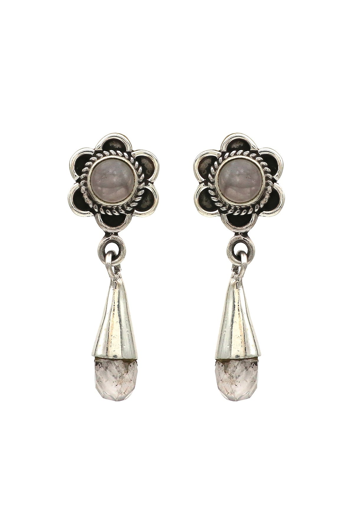 White Finish Rose Quartz Floral Dangler Earrings In Sterling Silver