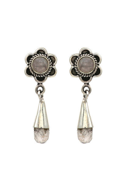 White Finish Rose Quartz Floral Dangler Earrings In Sterling Silver