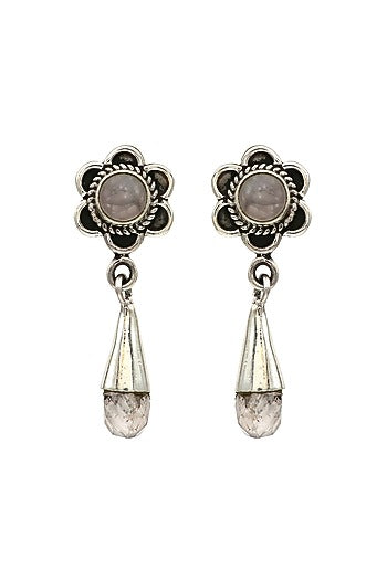 White Finish Rose Quartz Floral Dangler Earrings In Sterling Silver