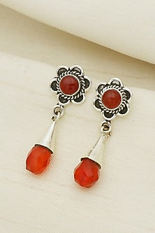 White Finish Red Onyx Floral Dangler Earrings In Sterling Silver