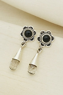White Finish Black Onyx Floral Dangler Earrings In Sterling Silver