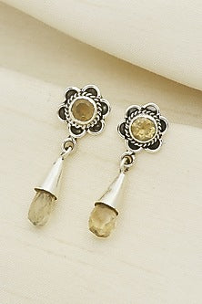 White Finish Quartz Floral Dangler Earrings In Sterling Silver