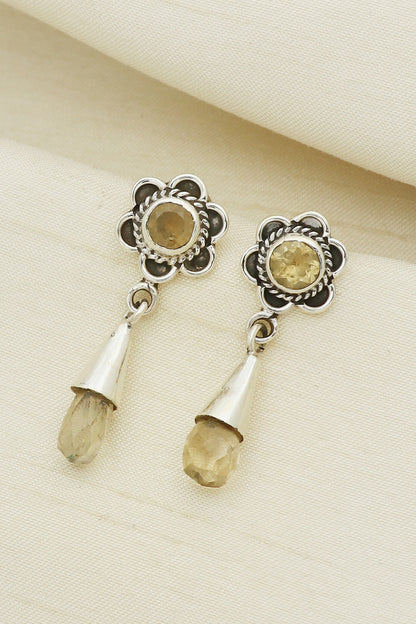 White Finish Quartz Floral Dangler Earrings In Sterling Silver