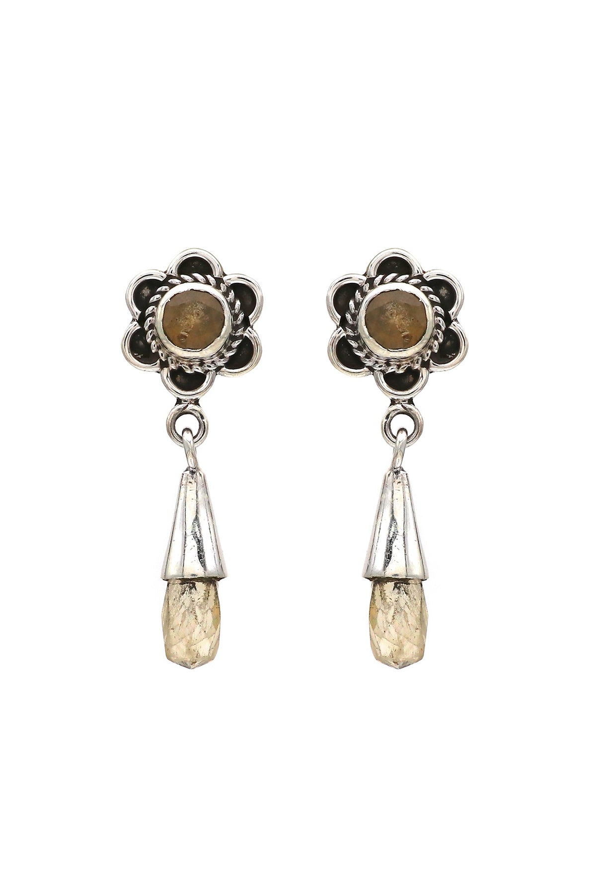 White Finish Quartz Floral Dangler Earrings In Sterling Silver