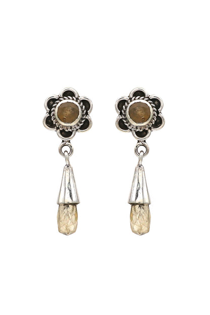 White Finish Quartz Floral Dangler Earrings In Sterling Silver