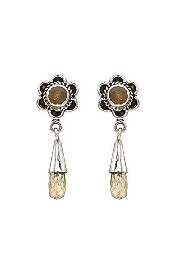 White Finish Quartz Floral Dangler Earrings In Sterling Silver